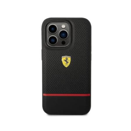 Ferrari Genuine Leather Case Perforated and Bottom Contrasted Line iPhone 14 Pro - Black