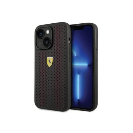 Ferrari PU Leather Perforated Case with Nylon Base & Yellow Shield Logo iPhone 14 Compatibility - Red