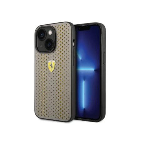 Ferrari PU Leather Perforated Case with Nylon Base & Yellow Shield Logo iPhone 14 Compatibility - Yellow